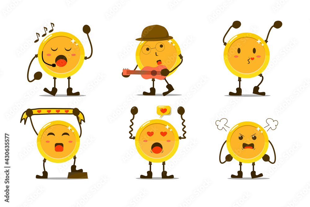 Set of cute gold coin in different poses