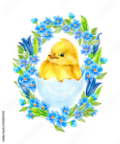 Easter card with wildflowers and chick. Watercolor