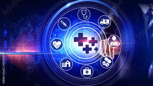 Medical Icon Concept Rotating wheel with icon surrounded by city Center and spoke Concept