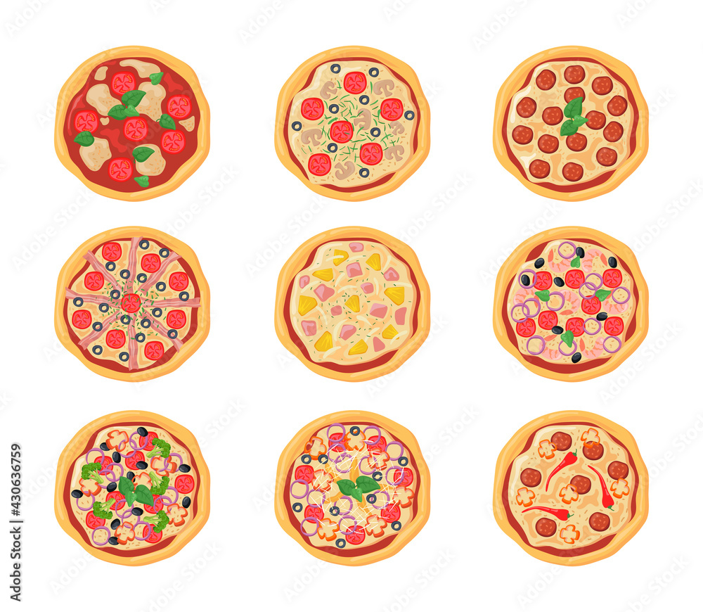 Set of cartoon pizzas with different stuffing. Flat vector illustration. Top view collection of various chicken, pepperoni pizzas isolated in white background. Food, menu, pizza, cuisine concept Set of cartoon pizzas with different stuffing. Flat vector illustration. Top view collection of various chicken, pepperoni pizzas isolated in white background. Food, menu, pizza, cuisine concept