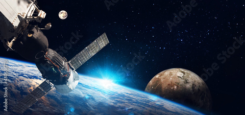 Fototapeta Naklejka Na Ścianę i Meble -  Space   station on orbit of the Earth planet and universe background. Elements of this image furnished by NASA