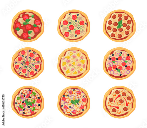 Set of cartoon pizzas with different stuffing. Flat vector illustration. Top view collection of various chicken, pepperoni pizzas isolated in white background. Food, menu, pizza, cuisine concept