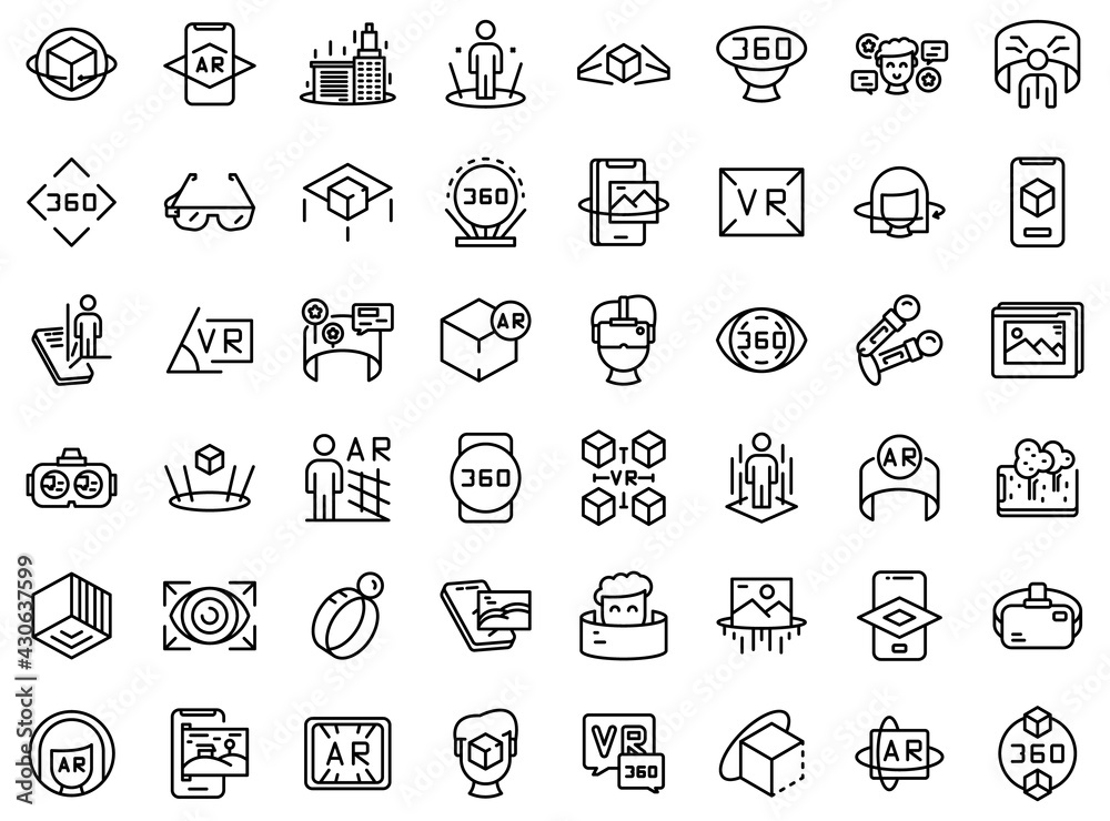 Augmented reality icons set. Outline set of augmented reality vector icons for web design isolated on white background - obrazy, fototapety, plakaty 