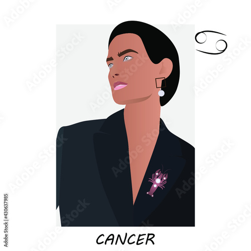 Cancer horoscope. Cancer zodiac sign. Girl with a lobster brooch.