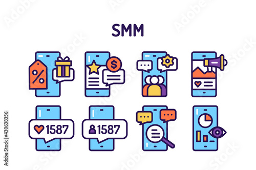SMM tools promotion line color icons set. Isolated vector element.