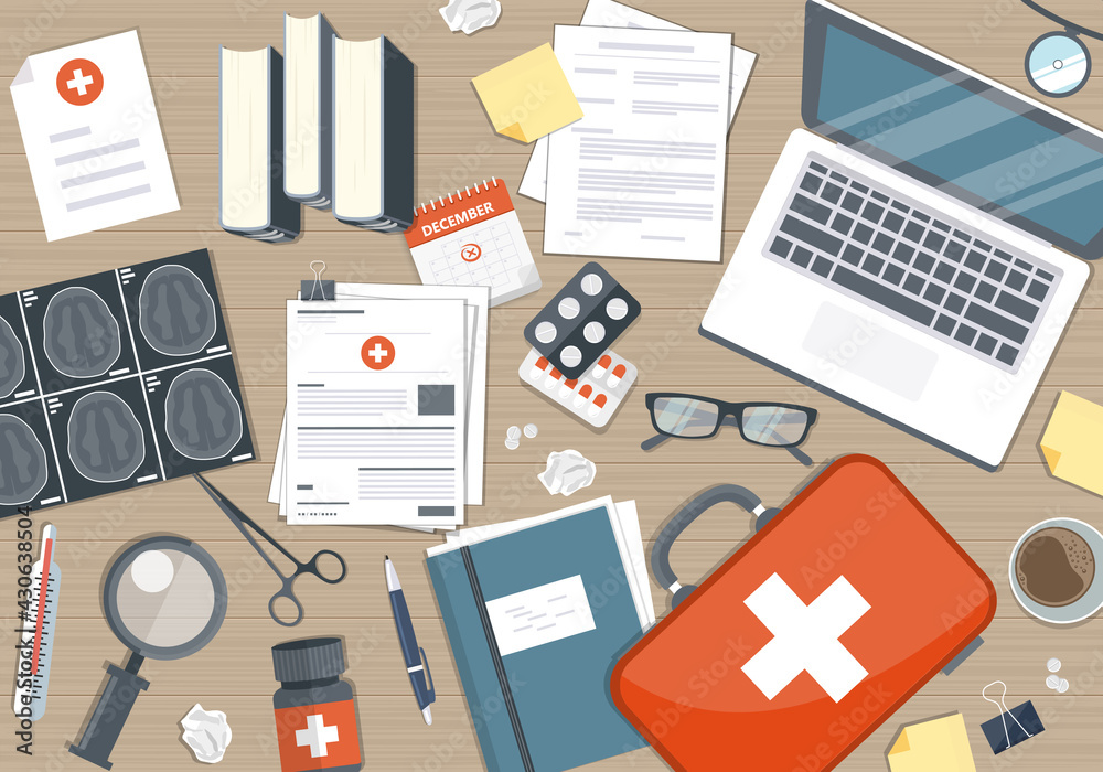 Medical research banner. Medical workplace. Flat vector illustration Medical research banner. Medical workplace. Flat vector illustration