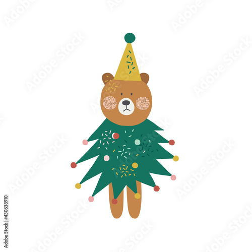 Cute funny cartoon bear dressed in Christmas tree costume vector illustration. Whimsy holly Xmas party animal clipart for kids. Seasonal winter holidays animalistic graphic design