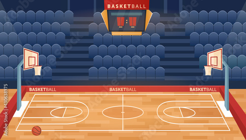 Cartoon empty hall field to play basketball team game, hoop for balls and seats for fan sector spectators, timer scoreboard indoor sport playground. Basketball court arena stadium vector illustration.