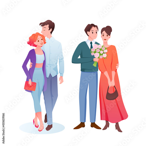 Couple people dating set, young man woman lovers holding hands in love, hugging on date