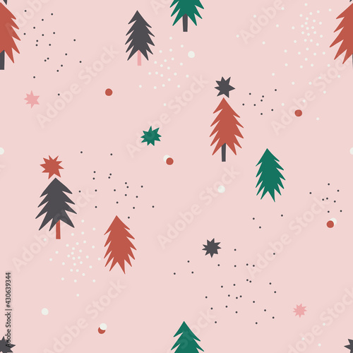 Snow star pine vector seamless pattern. Cute tiny decorative Scandinavian winter background. Snowy Christmas forest abstract print design.