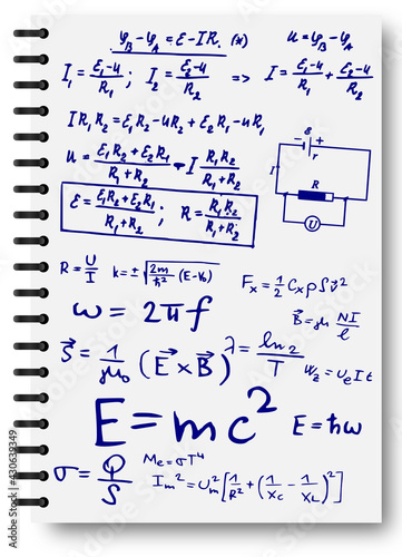 Ink scrawls on a white notebook. Notepad, formulas, shapes, physics. The concept of education. Illustrations can be used to return to the school topic, physics, natural sciences