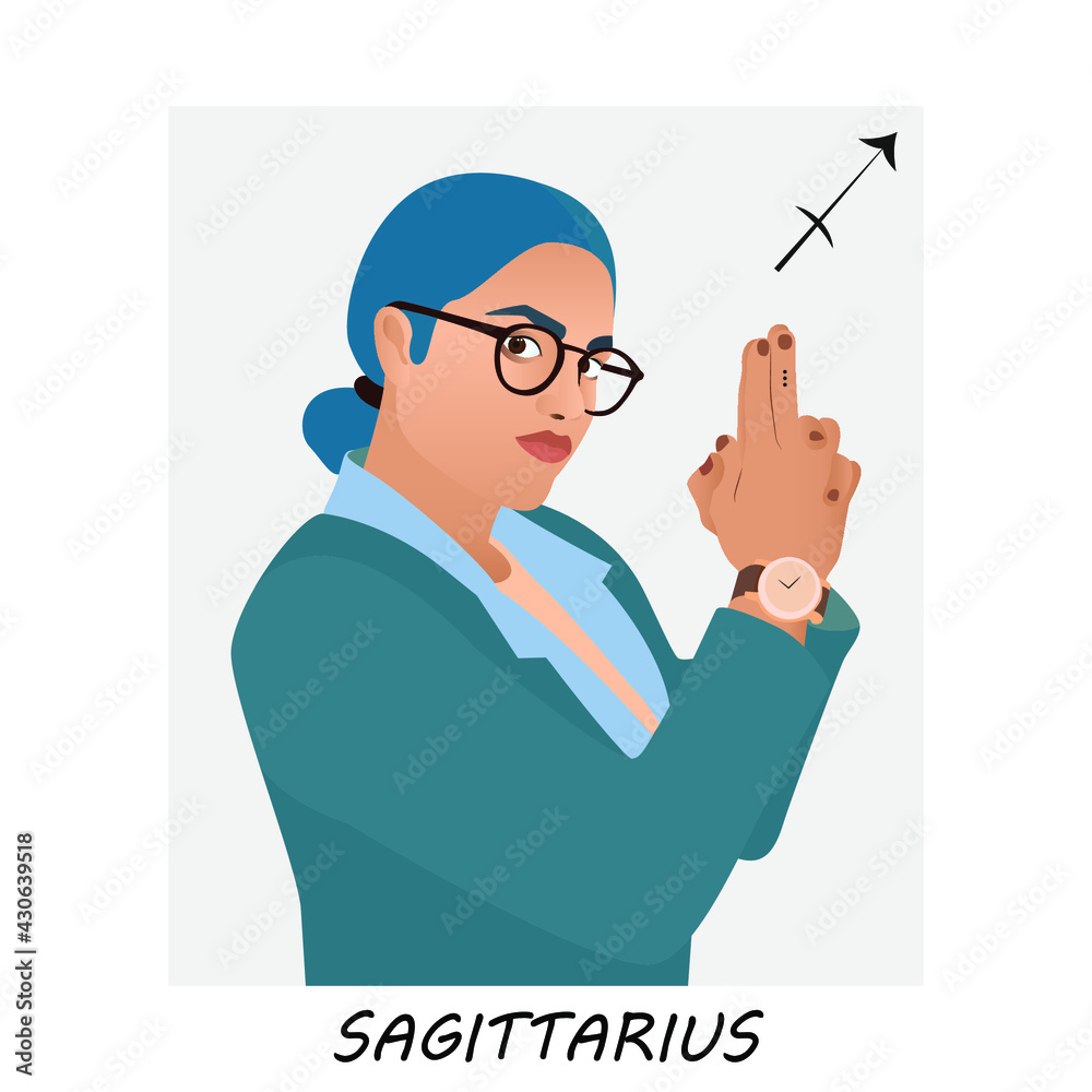 Sagittarius horoscope. Sagittarius zodiac sign. Girl with a symbolic pistol. Gun gesture. Sagittarius horoscope. Sagittarius zodiac sign. Girl with a symbolic pistol. Gun gesture.