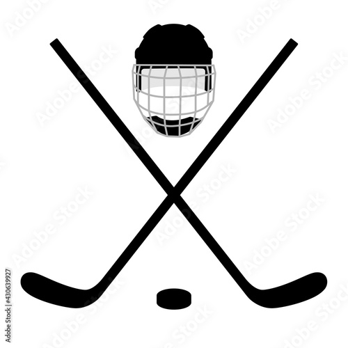 Crossed hockey sticks, puck and helmet isolated on white background. Icon design
