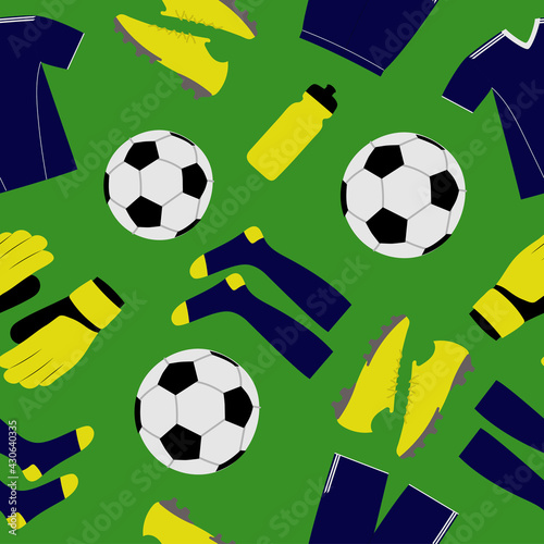 Seamless pattern of soccer equipment. Colorful objects on green background