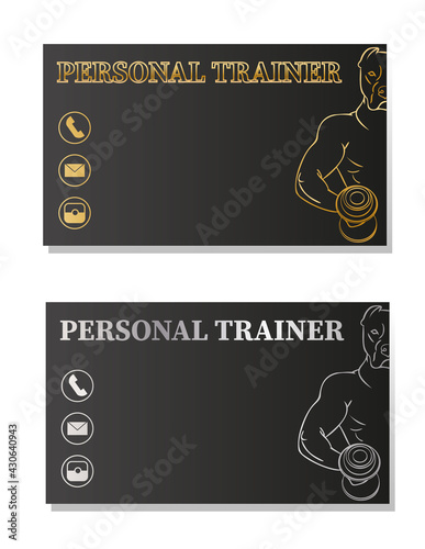 Personal fitness trainer business card. Dark background with gold and silver silhouettes. Strong muscular dog holding a dumbbell. Sports vector illustration, bodybuilding, crossfit, fitness. 