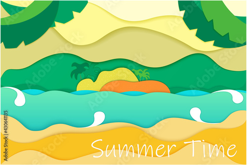 Summer poster. Sea and sand with palm trees. Paper cut background.