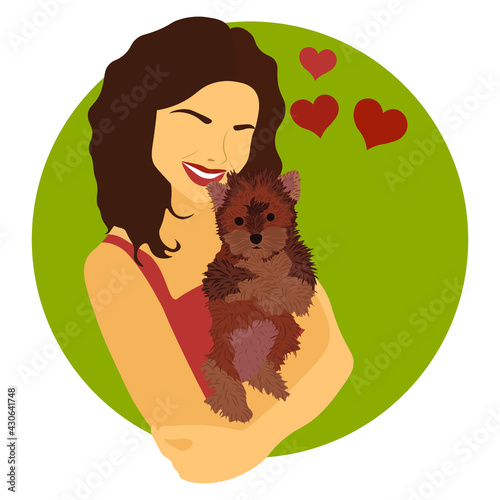 A young woman girl holds a Yorkshire terrier pet in her arms. Dog love concept. Vector flat illustration.