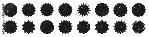Black shopping labels with grunge texture. Vintage sale or discount sticker. Special offer price tag. Supermarket promotional badge. Vector sunburst icon.
