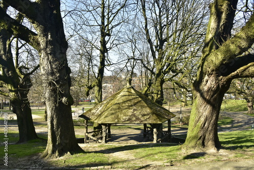 L'abris hexagonal en rocaille sous les marronniers majestueux du parc Huart Hamoir à Schaerbeek photo