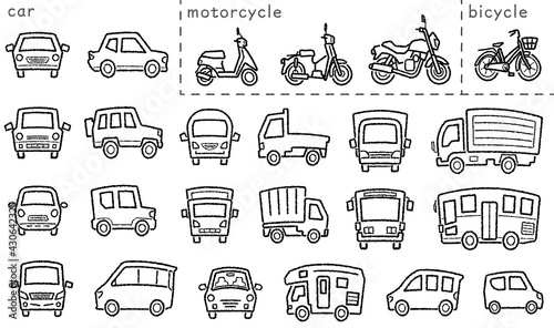 車とバイクと自転車のアイコンセット(手書き風線画)上弦分類バージョン