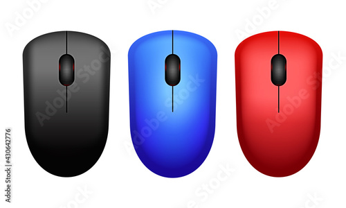 Set of multi-colored computer mouse. Black, red and blue computer mouse. Wireless computer mouse isolated on white background. Realistic vector illustration.