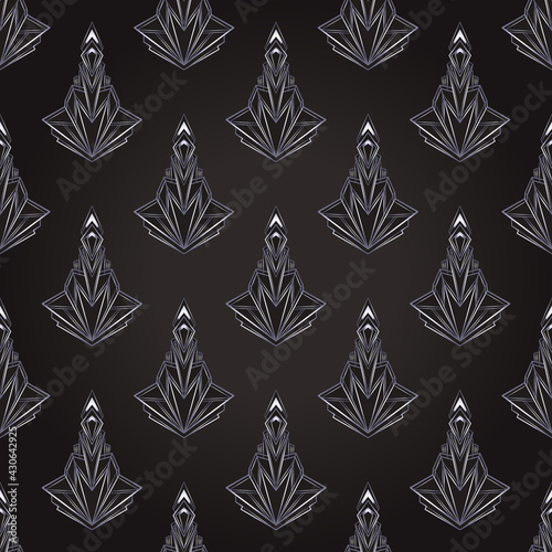 Art deco style geometric seamless pattern in black and silver. Vector illustration. Roaring 1920 s design. Jazz era inspired . 20 s. Vintage Fabric, textile, wrapping paper, wallpaper.