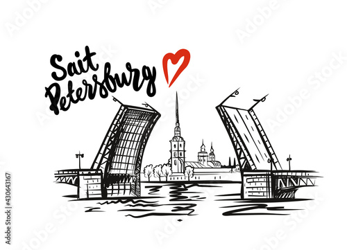 Saint Petersburg Russia drawbridge Neva. Sketch 