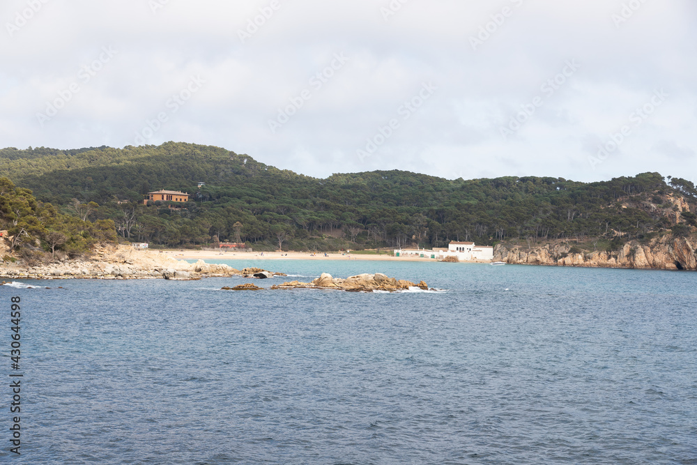 Landscape of the coastline of the mediterranean sea in Spain. Pine tree forest in the back Landscape of the coastline of the mediterranean sea in Spain. Pine tree forest in the back