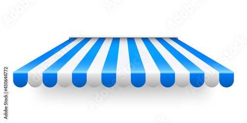Blue shop sunshade isolated on white background. Realistic striped cafe awning. Outdoor market tent. Roof canopy. Summer street store. Vector illustration.