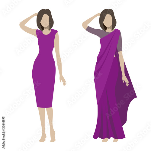 Slim woman wearing purple traditional beautiful sari dress and shelldress