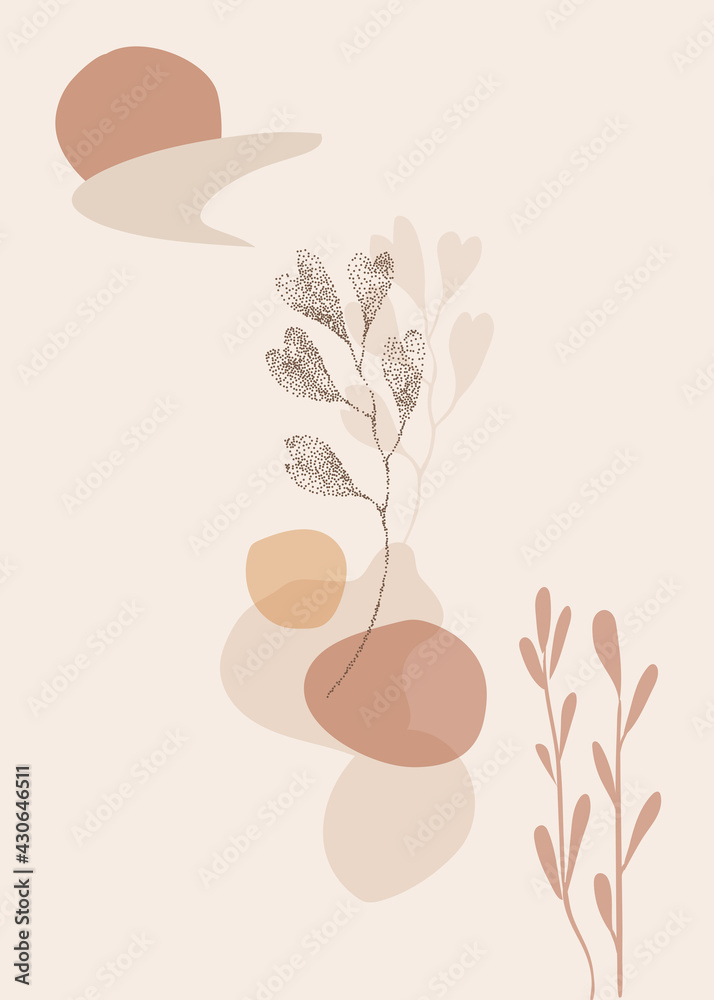 Botanical abstract art, watercolor, earth, nature, leaves and flowers, beige and brown tones - obrazy, fototapety, plakaty 