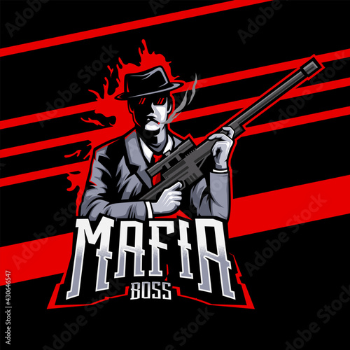 Mafia Boss Sniper esports logo design. illustration of mafia sniper mascot design. editable text emblem design