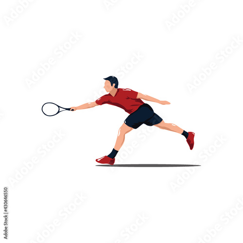 sport man swing his tennis racket horizontally to reach the ball - tennis athlete forehand swing cartoon isolated on white © Owl Summer