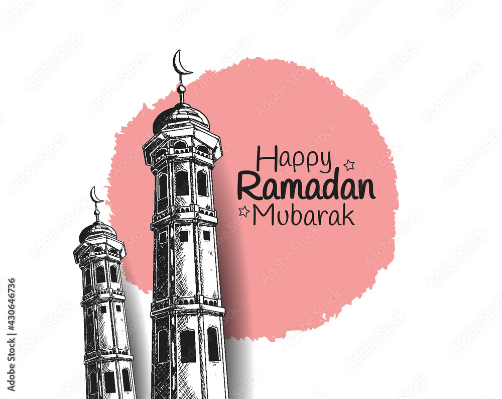 Obraz premium Ramadan Mubarak with mosque tower illustration hand drawn isolated on white background pink round brush
