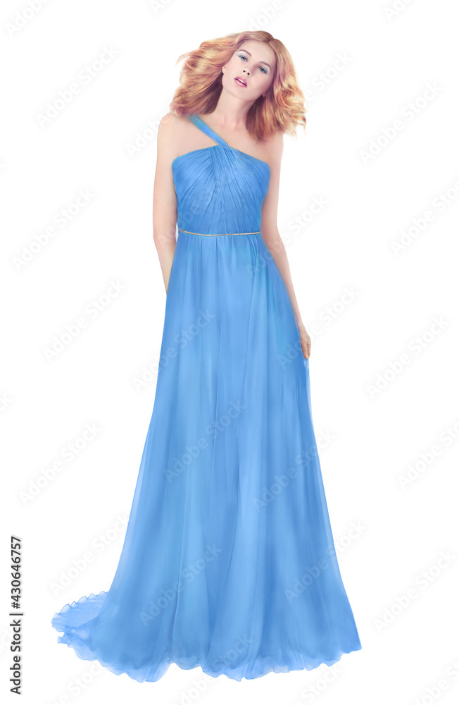 Woman in blue ball dress, long silk dress.