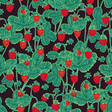 Wild strawberry. Berries, leaves, twigs. Seamless pattern on a dark background. Summer, botanical, natural, trendy pattern. Hand-drawn. For seasonal design, printing on fabric, paper.