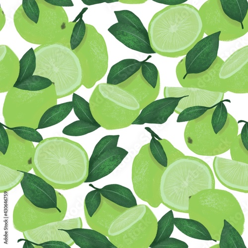 Seamless pattern of green lemons. Color image with pencil texture. Design of wallpaper, fabrics, textiles, packaging, gift paper, weddings.
