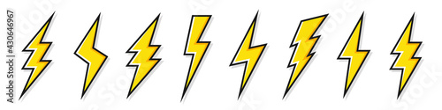 Yellow lightning bolt icons collection. Flash symbol, thunderbolt. Simple lightning strike sign. Vector illustration.