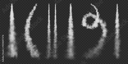 Realistic airplane condensation trails. Space rocket launch. Missile or bullet trail. Jet aircraft tracks. White smoke clouds, fog. Steam flow. Vector illustration.