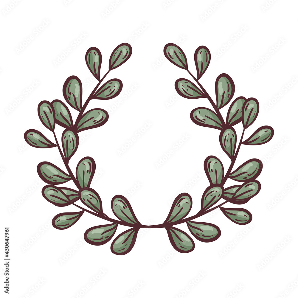 Vector isolated illustration on white background. Doodle wreath of simple green leaves on a twig. Decor element in flat or sketch style.