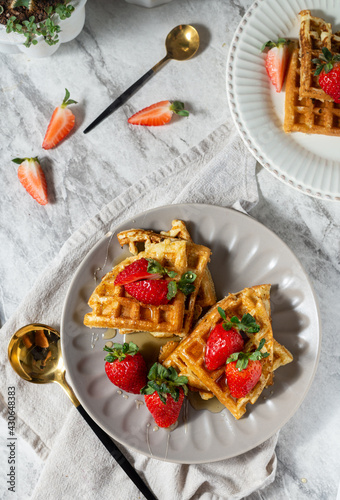 Breakfast Bread with Strawberry waffles honey flatlay 