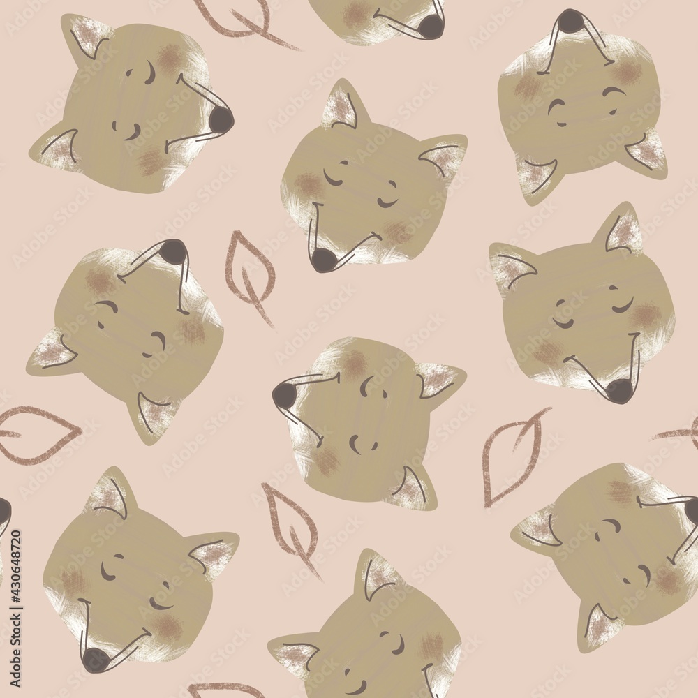 Cute face fox with leaf, pencil texture. The pattern. Illustration for packaging, postcards, posters, wallpaper, fabrics, textiles.

