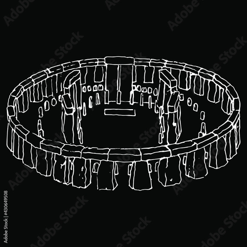 Stonehenge. Prehistoric megalithic monument on Salisbury Plain in Wiltshire, England. Hand drawn linear sketch. Isolated vector illustration. White silhouette on black background.