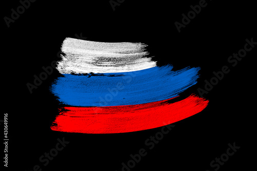 creative national grunge flag, Russia flag brushstroke on black isolated background, concept of politics, global business, international cooperation