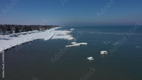 Frozen Shoreline of Lake Ontatio In Winter Rochester New York Drone Aerial View photo