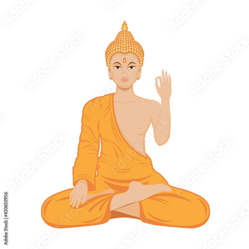 Sitting Buddha in lotus position vector. Buddha in orange robe icon isolated on a white background. Sitting Buddha in meditation icon vector