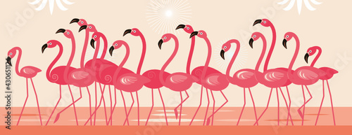 Pink Flamingo,  flock of birds Cartoon vector illustration, horizontal banner. 