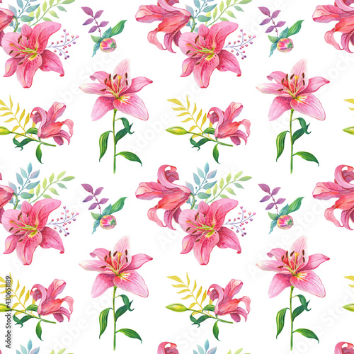 Pink Lilly.Watercolor Seamless pattern with flowers on a white background. Illustration
