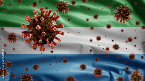 3D, Flu coronavirus floating over Sierra Leone flag. Salone pandemic Covid 19