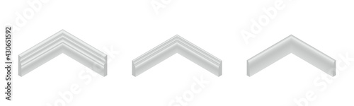 Vector illustration different shapes skirting boards for wall or floor isolated on white background. Set of realistic white baseboard icons in flat cartoon style. Isometric plastic or wood moldings.